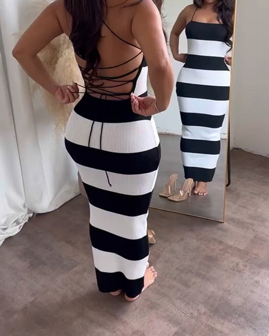 Striped Backpack Hip Jumpsuit Bodycon Dress